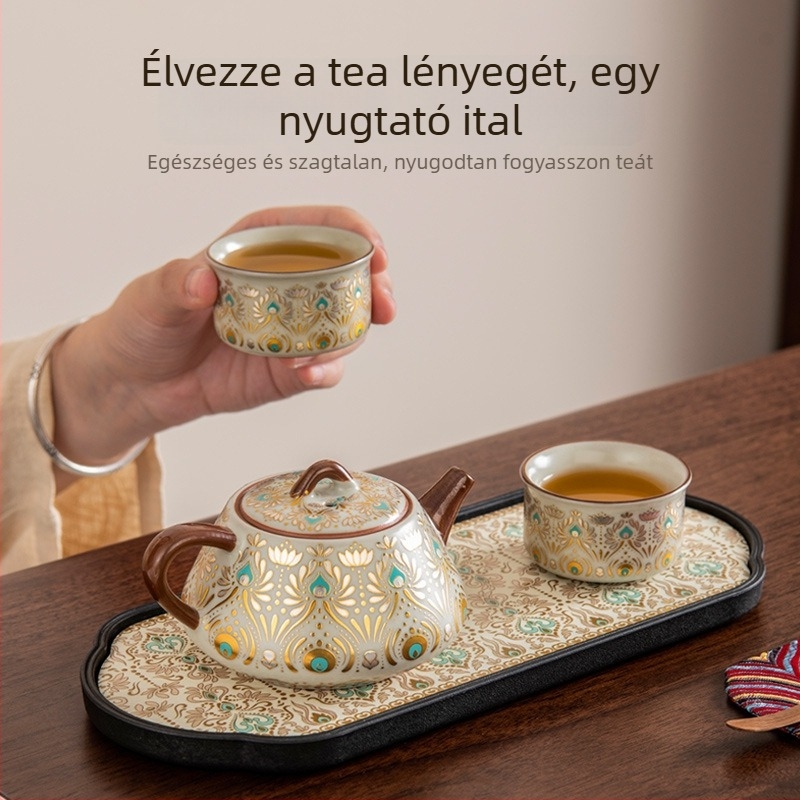 Új kínai stílusú Ru kiln teáskészlet kerámiából, máz feletti felülettel; Tartalmaz egy teáskannát és két csészét