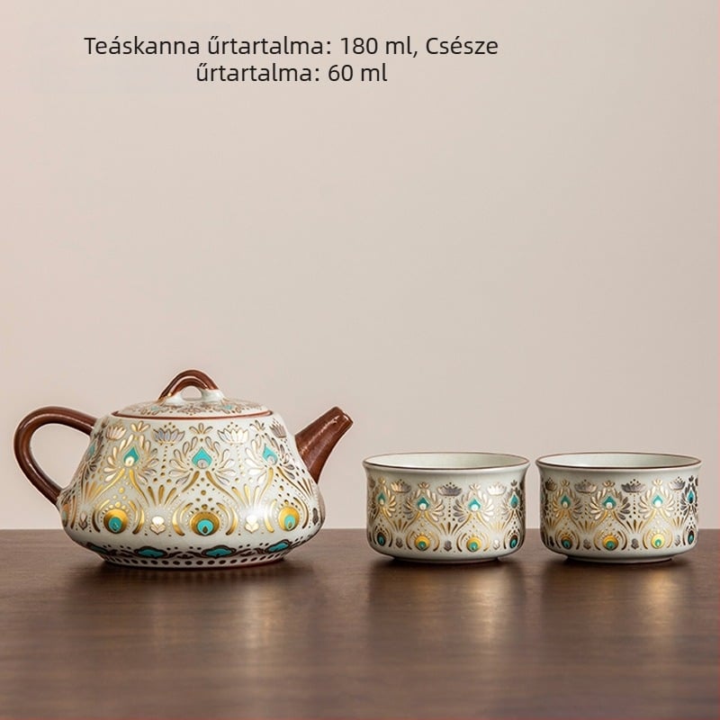 Új kínai stílusú Ru kiln teáskészlet kerámiából, máz feletti felülettel; Tartalmaz egy teáskannát és két csészét