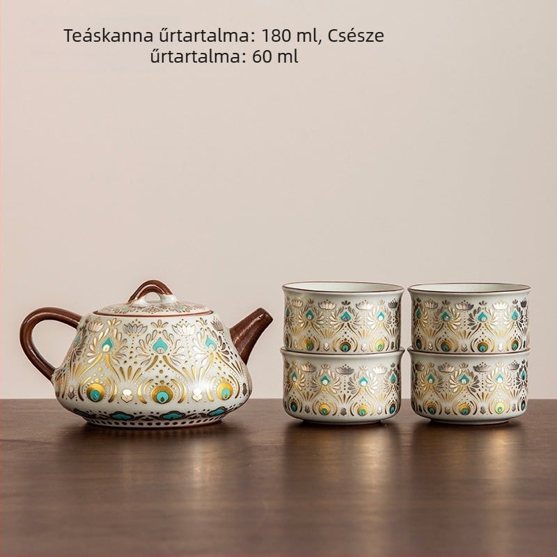 Új kínai stílusú Ru kiln teáskészlet kerámiából, máz feletti felülettel; Tartalmaz egy teáskannát és két csészét