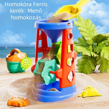 Gyerekeknek készült strandjáték készlet: homokozó eszközök, kültéri homokozókanál, homokórás játék, kisautó és strandvödör