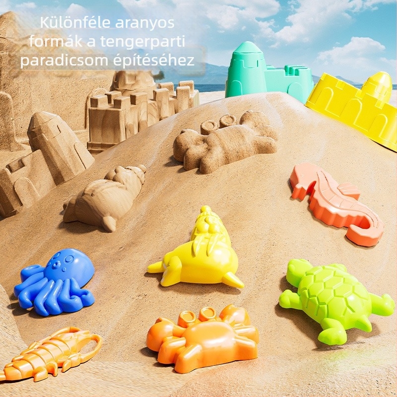 Gyerekeknek készült strandjáték készlet: homokozó eszközök, kültéri homokozókanál, homokórás játék, kisautó és strandvödör