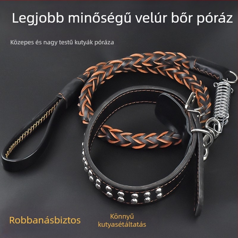 Közepes és nagy testű kutyák számára bőrpóráz borjúbőrből – Golden Retriever és Németjuhász számára, robbanásbiztos sétapóráz és nyakörv