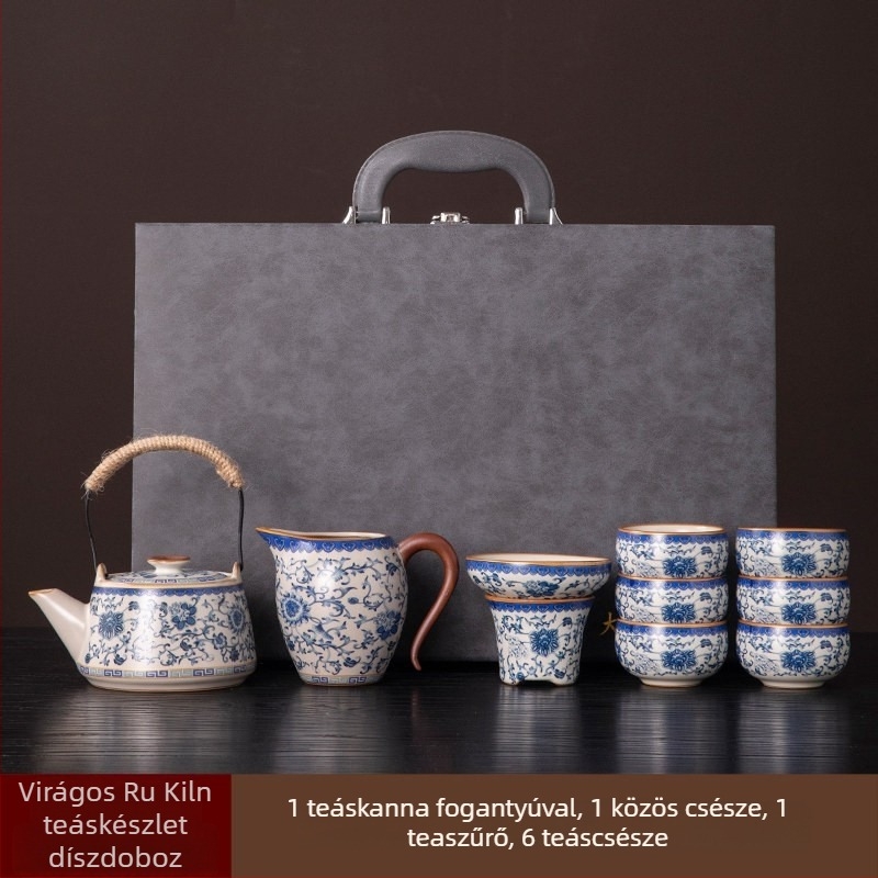 Ru-kiln teáskészlet lótusz motívummal — teljes készlet otthoni használatra, prémium Kung Fu teáskészlet ajándékdobozban időseknek és vezetőknek