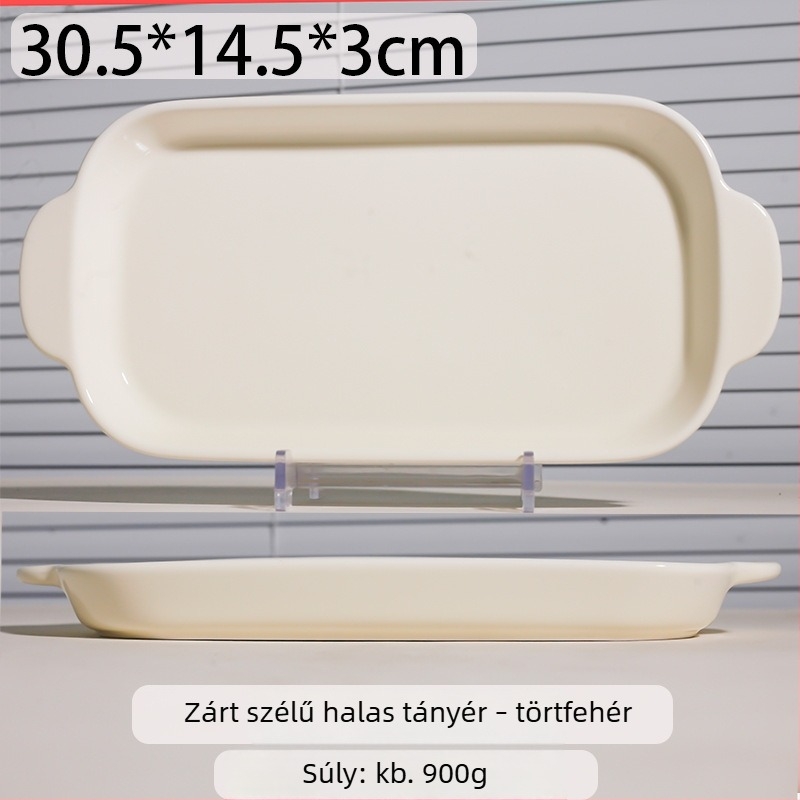 Krémszínű porcelán téglalap alakú tál dupla fogantyúval, alkalmas sütéshez, desszertekhez és harapnivalókhoz