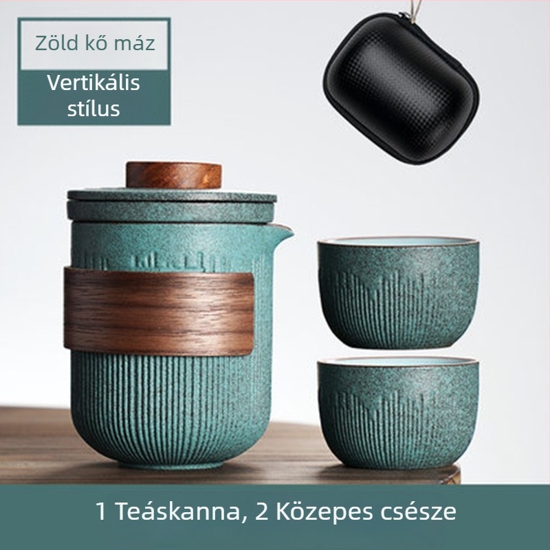 Hordozható Kung Fu teáskészlet Bluestone glazúrral, egy teáskannával és két vagy négy csészével, egyszerű stílus, hordtáska