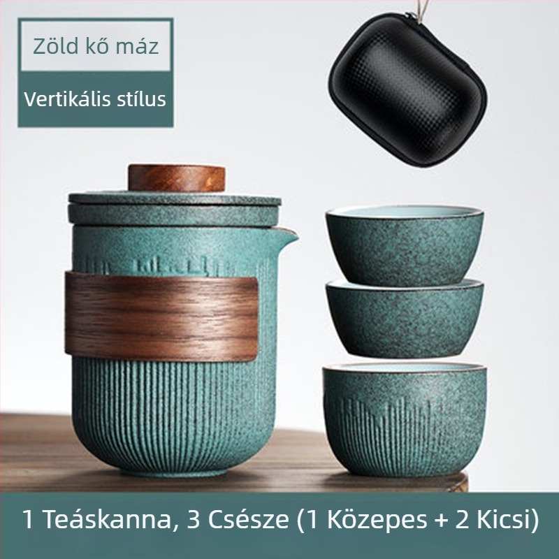 Hordozható Kung Fu teáskészlet Bluestone glazúrral, egy teáskannával és két vagy négy csészével, egyszerű stílus, hordtáska