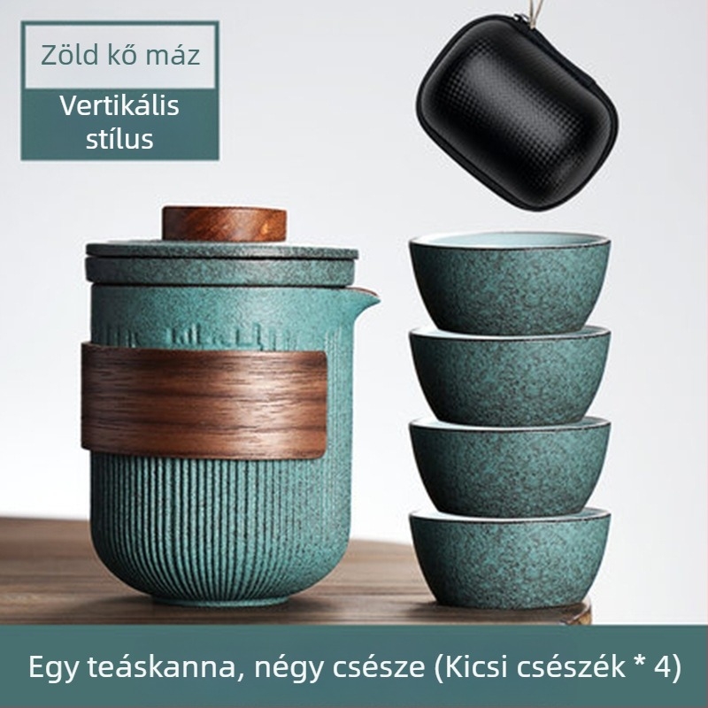 Hordozható Kung Fu teáskészlet Bluestone glazúrral, egy teáskannával és két vagy négy csészével, egyszerű stílus, hordtáska