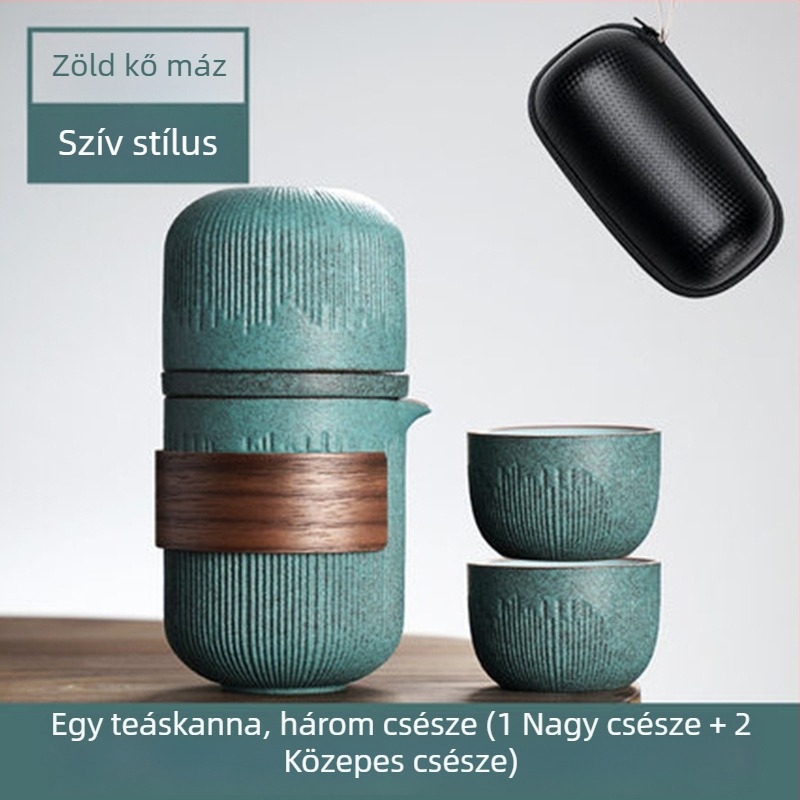 Hordozható Kung Fu teáskészlet Bluestone glazúrral, egy teáskannával és két vagy négy csészével, egyszerű stílus, hordtáska