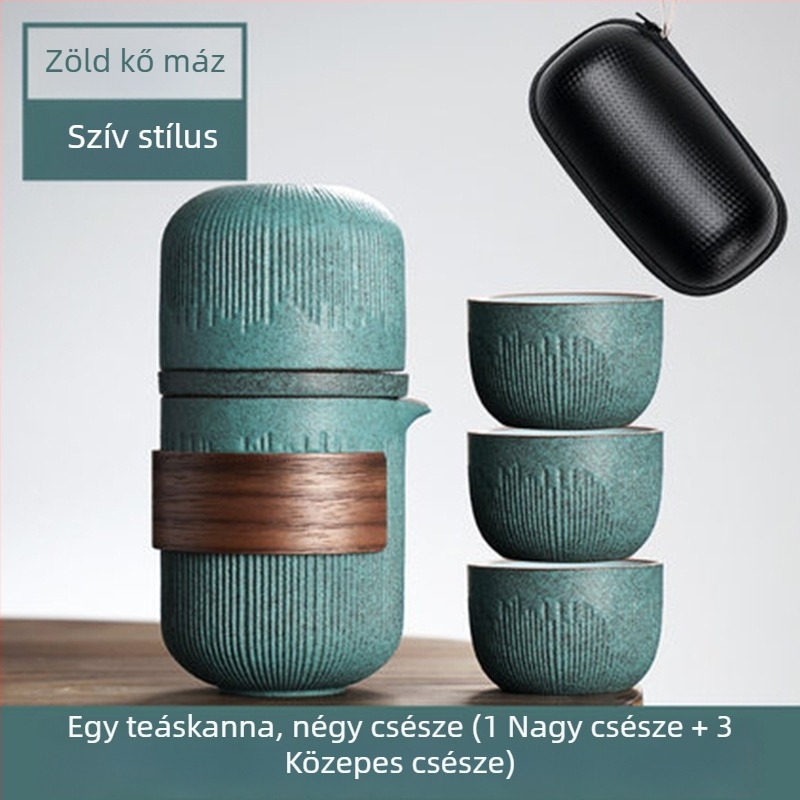 Hordozható Kung Fu teáskészlet Bluestone glazúrral, egy teáskannával és két vagy négy csészével, egyszerű stílus, hordtáska