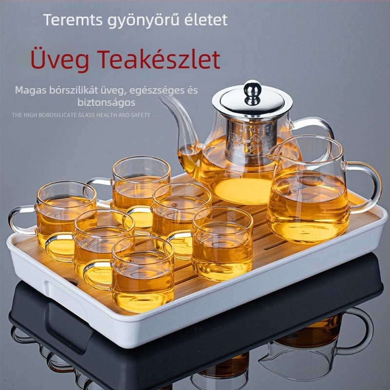 Hőálló üveg Gong Fu teáskészlet poharakkal és teáskannával – Átlátszó teáscsészék fogantyúval, otthoni és irodai használatra