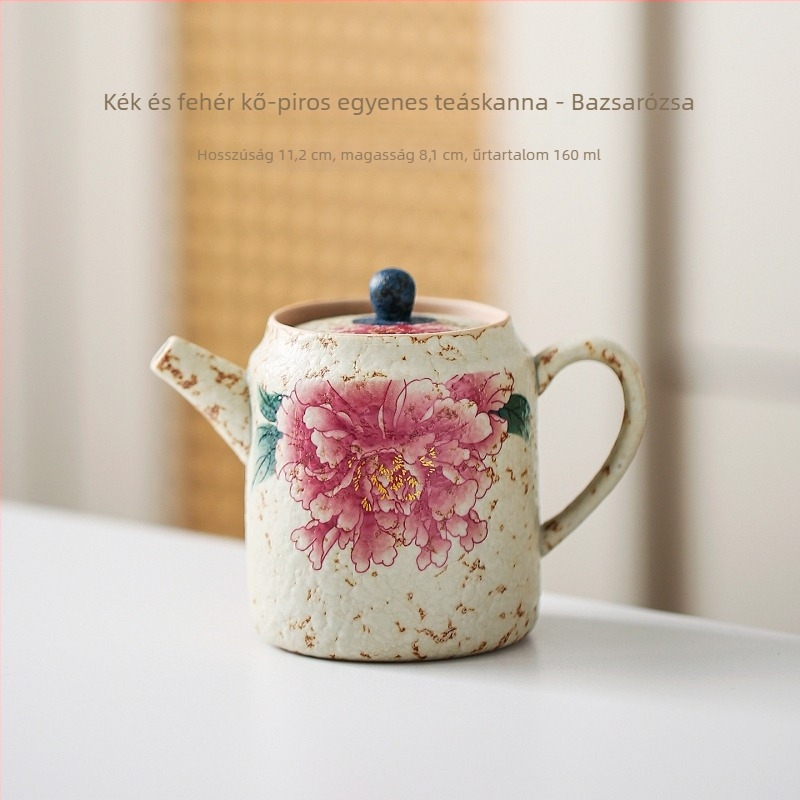 Porcelán teáskanna ívelt fogantyúval, tűzpiros bujor mintával, golyónyílásos szűrővel, Kung Fu teáskészlet, prémium otthoni használatra