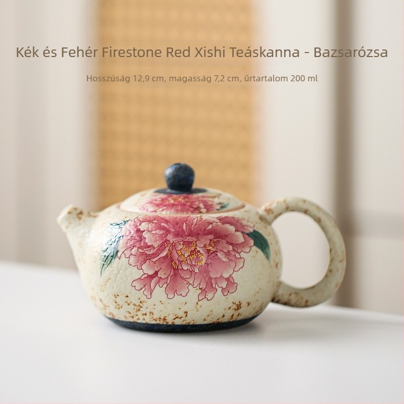 Porcelán teáskanna ívelt fogantyúval, tűzpiros bujor mintával, golyónyílásos szűrővel, Kung Fu teáskészlet, prémium otthoni használatra