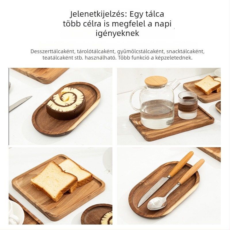 Akácfából készült teás tálca, téglalap alakú szolgáló tál teáskannával, desszerttál és aszalt gyümölcs tál