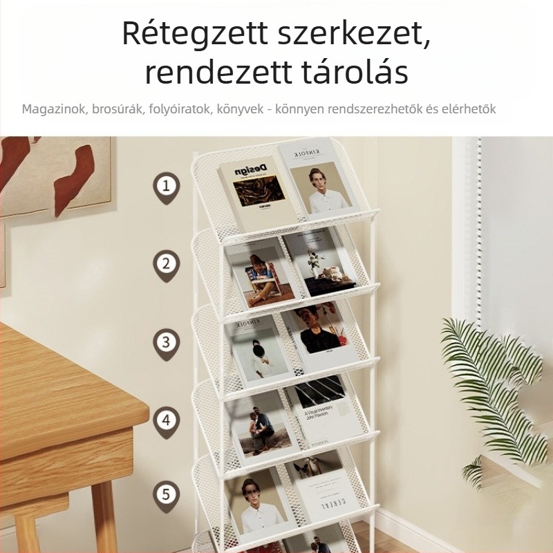 Hat szintes magazin- és brosúra bemutató állvány könyvek és újságok tárolására, irodai használatra