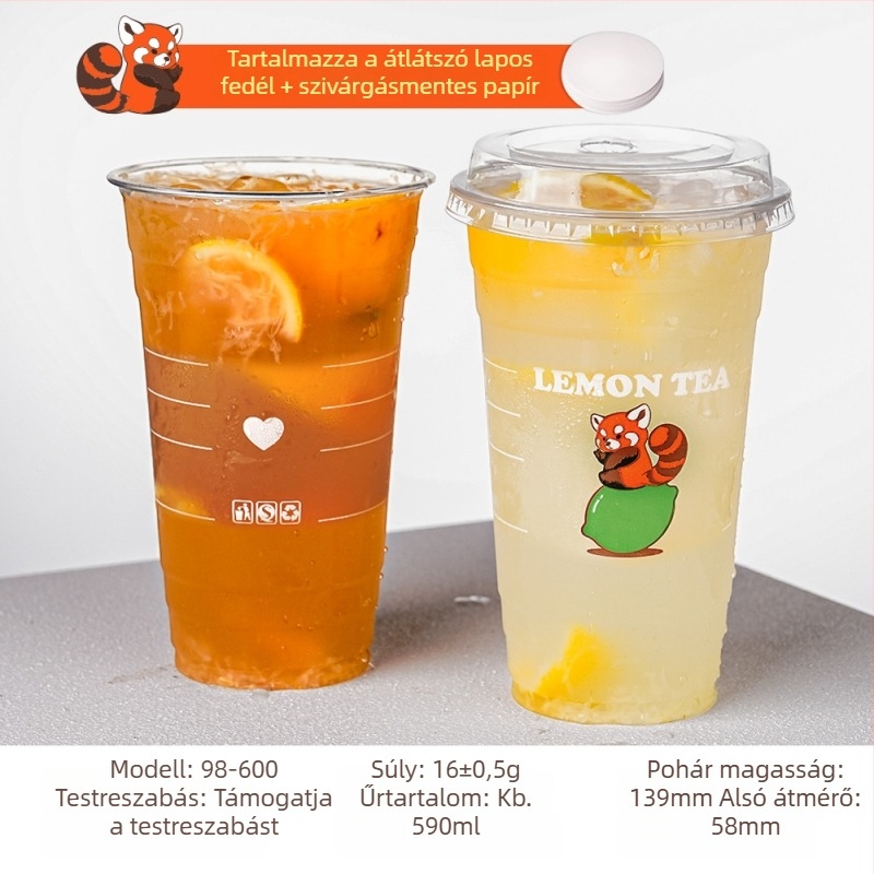 Egyszer használható átlátszó PET pohár hideg italokhoz, 600 ml, fedővel, kereskedelmi felhasználásra és standokra