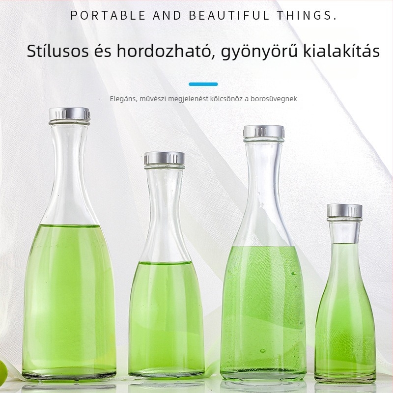 Átlátszó üveg italokhoz, ideális tej-teához és otthon készített gyümölcsborhoz; zárható üveg, kreatív dizájn.