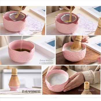 Kerámia matcha tál készlet domborított sakura virággal, 7 darab, ontó peremmel, színes dobozban
