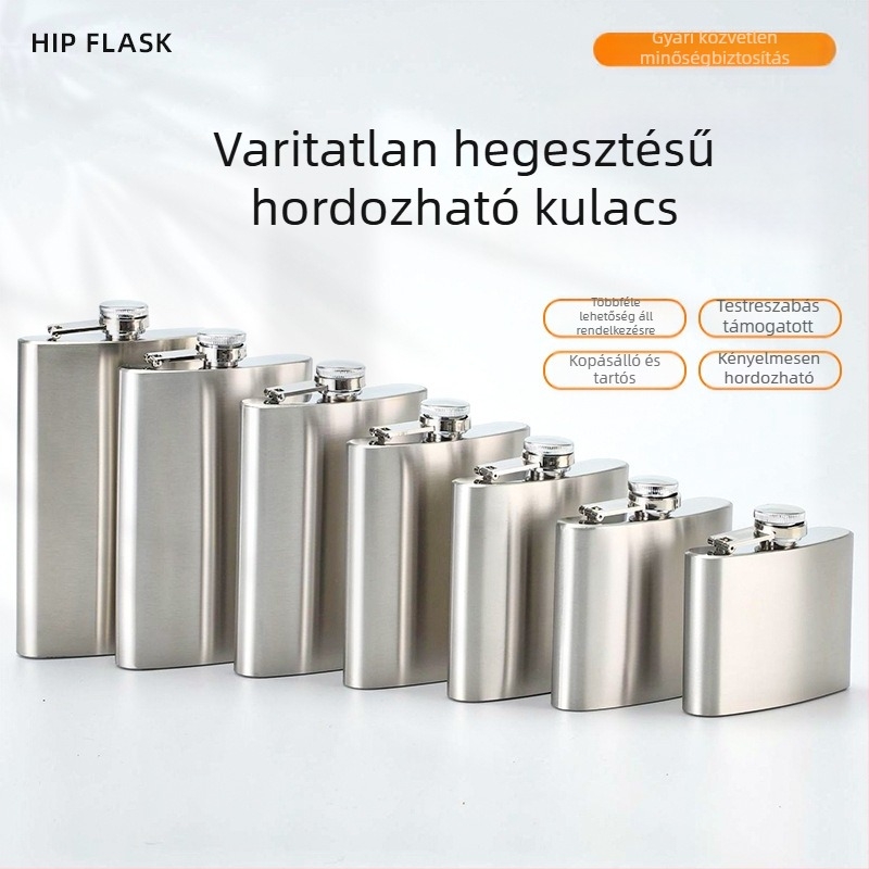 Rozsdamentes acélból készült lapos borosflakon kompakt pohárral, kültéri használatra, minimalistikus retro stílus