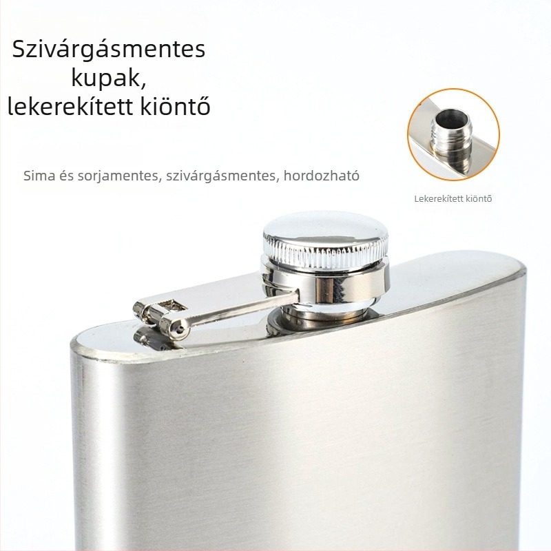 Rozsdamentes acélból készült lapos borosflakon kompakt pohárral, kültéri használatra, minimalistikus retro stílus