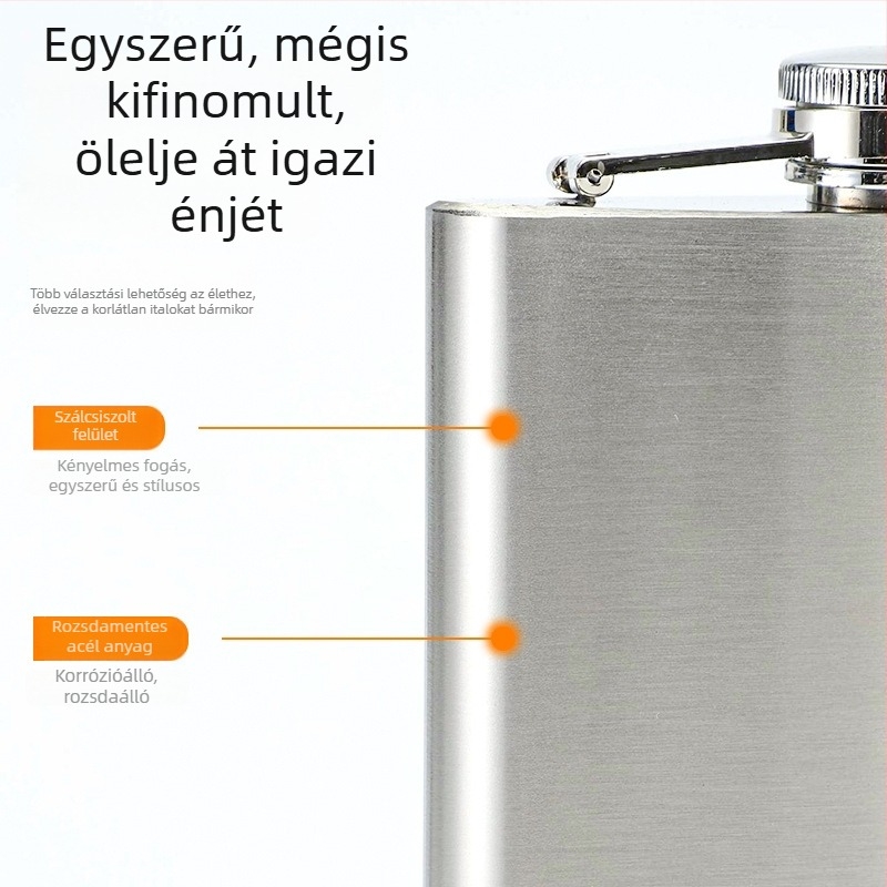 Rozsdamentes acélból készült lapos borosflakon kompakt pohárral, kültéri használatra, minimalistikus retro stílus