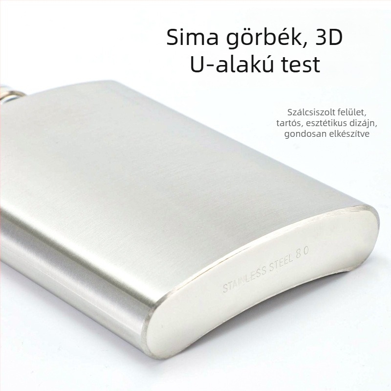 Rozsdamentes acélból készült lapos borosflakon kompakt pohárral, kültéri használatra, minimalistikus retro stílus