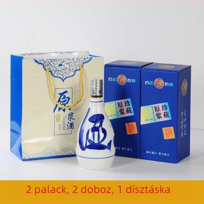 Kék-fehér kerámia borosüveg készlet, üres üveggel, lezárható tartozékkészlet, teljes készlet ajándékdobozban, prémium minőség