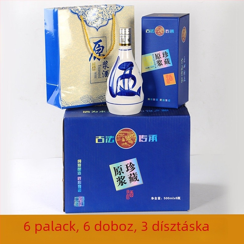 Kék-fehér kerámia borosüveg készlet, üres üveggel, lezárható tartozékkészlet, teljes készlet ajándékdobozban, prémium minőség