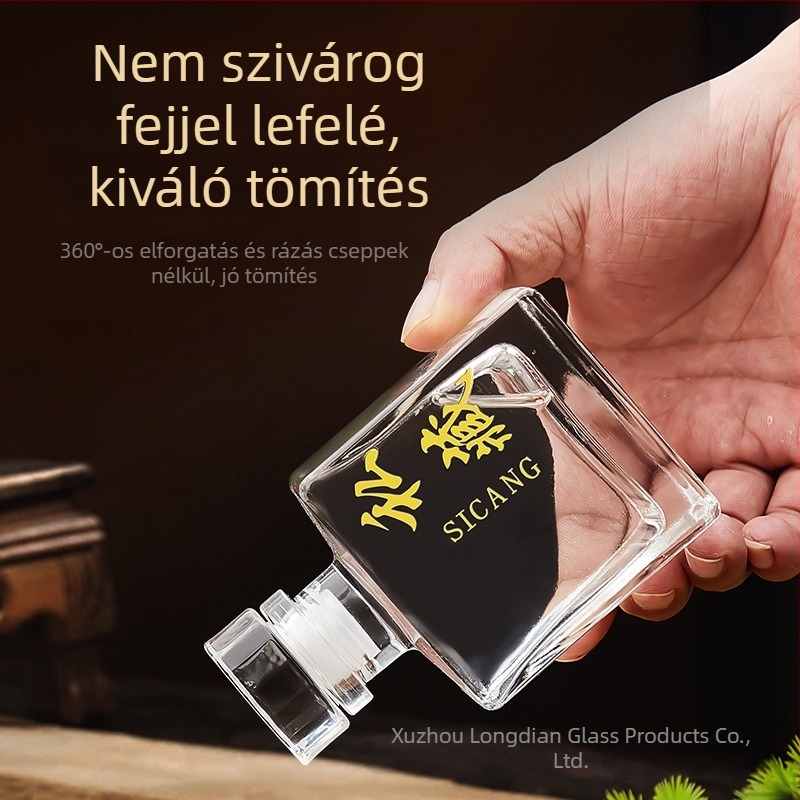 Négyszögletes üvegborosüveg, 250 ml és 500 ml, zárható, likőr és gyümölcsbor készítéséhez
