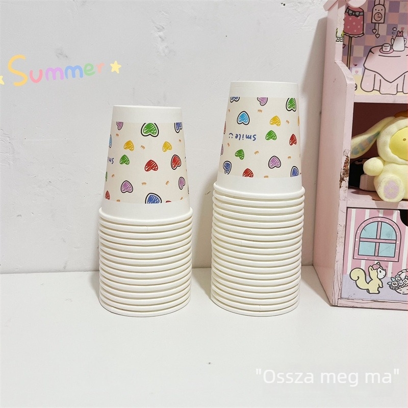 Rózsaszín szív alakú Insta-stílusú vastagított egyszer használatos papírpohár irodába, otthonra és bulikhoz, 201-300 ml, laminált, csomagolás 50 db