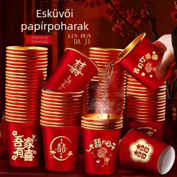 Egyszer használatos esküvői piros pohár aranyfóliával, 240 ml, 50 darabos csomag