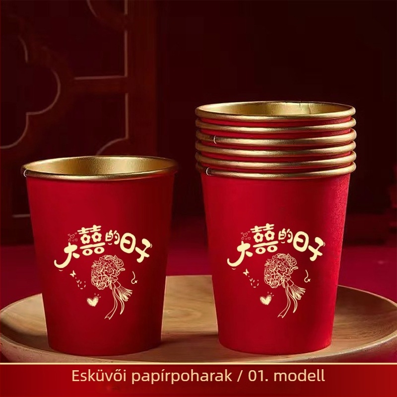 Egyszer használatos esküvői piros pohár aranyfóliával, 240 ml, 50 darabos csomag