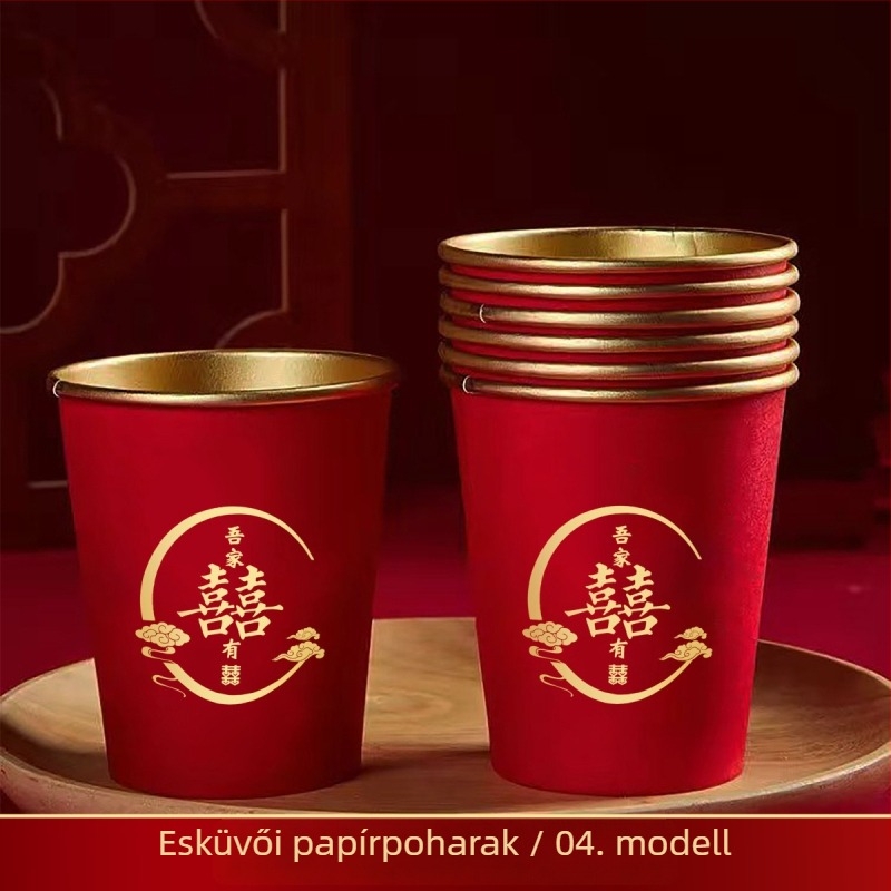 Egyszer használatos esküvői piros pohár aranyfóliával, 240 ml, 50 darabos csomag