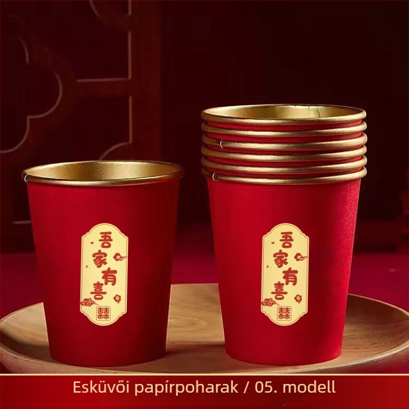 Egyszer használatos esküvői piros pohár aranyfóliával, 240 ml, 50 darabos csomag