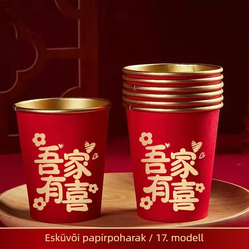 Egyszer használatos esküvői piros pohár aranyfóliával, 240 ml, 50 darabos csomag