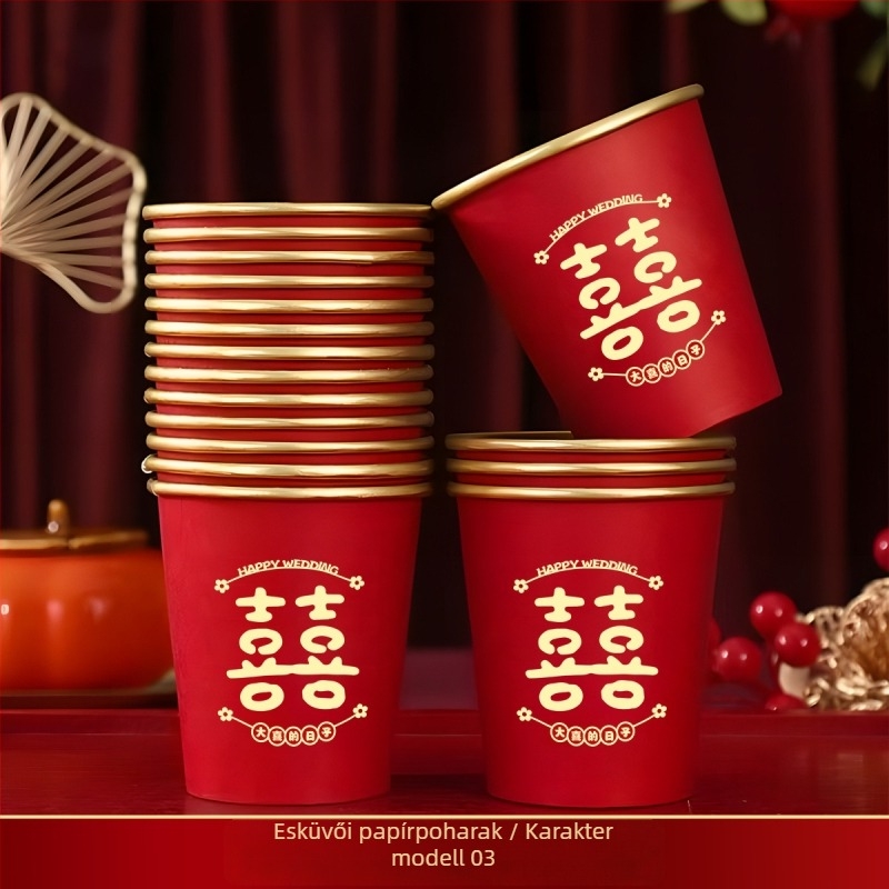 Egyszer használatos esküvői piros pohár aranyfóliával, 240 ml, 50 darabos csomag