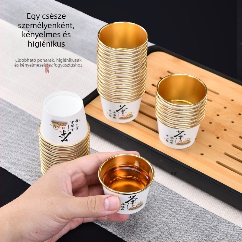 Egyszer használatos Kung Fu teás pohár, arany fóliás papír pohár, extra vastag, kis kapacitású 100 ml alatt, otthoni és vendéglátói használatra