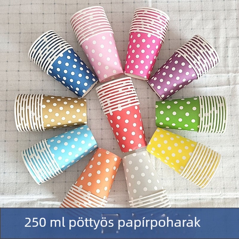 Színes pöttyös eldobható papírpohár, 201–300 ml, DIY gyerekek születésnapi dekoráció