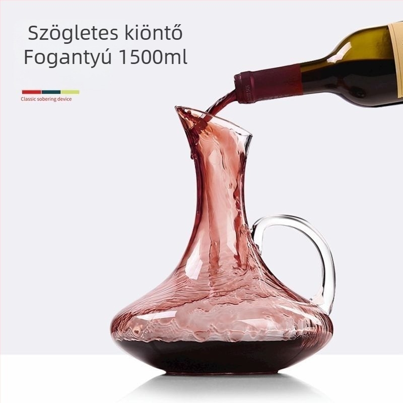 Ólommentes kristály vörösbor-dekanter harpszerű formával, U-alakú ferde szájjal, otthoni használatra