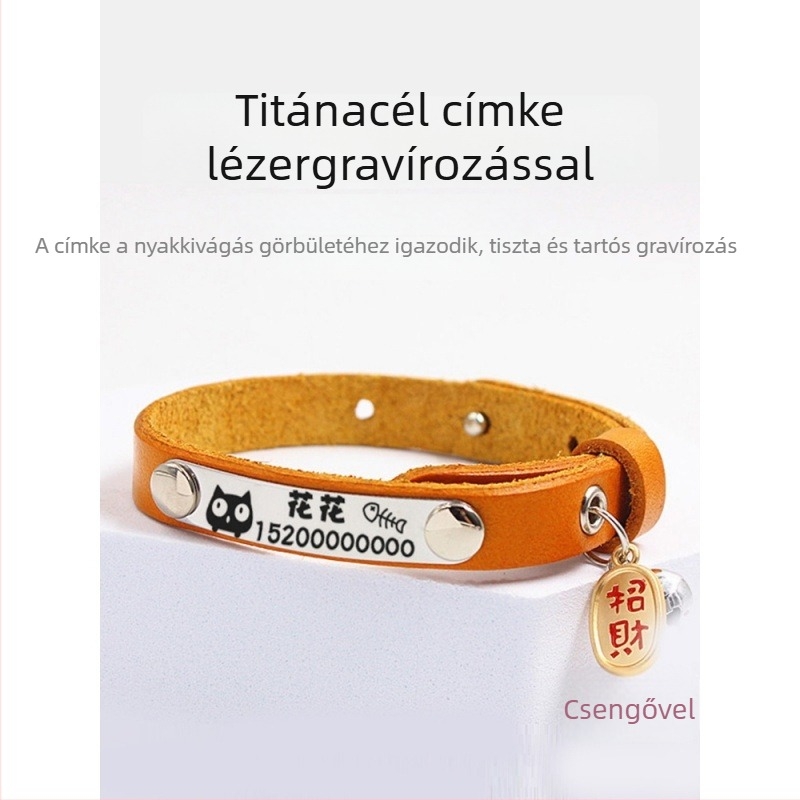 Macska nyakörv csengővel és gravírozott bőr azonosító táblával, macskáknak és kistestű kutyáknak