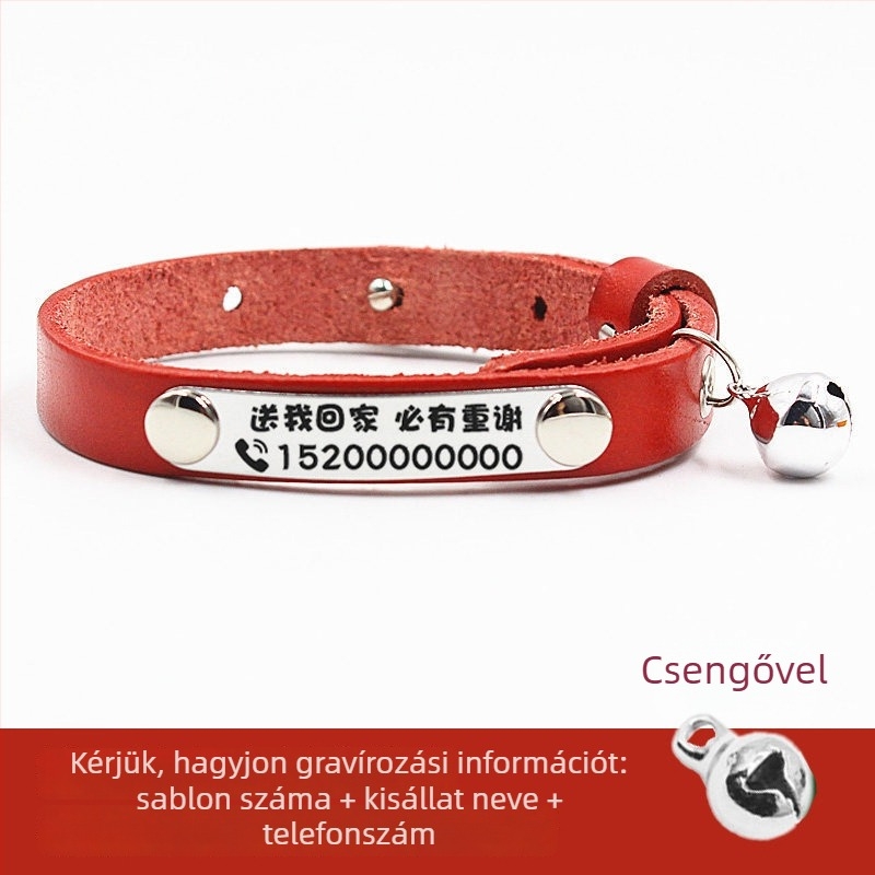 Macska nyakörv csengővel és gravírozott bőr azonosító táblával, macskáknak és kistestű kutyáknak