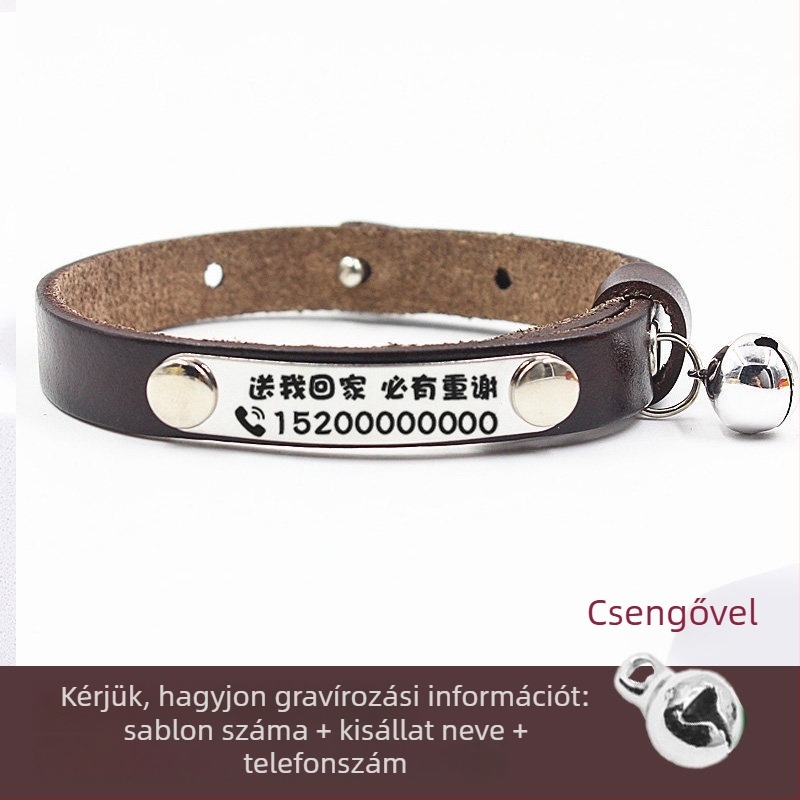Macska nyakörv csengővel és gravírozott bőr azonosító táblával, macskáknak és kistestű kutyáknak