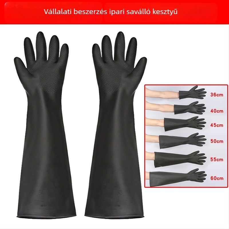 Ipari saválló és lúgálló gumikesztyűk, vízálló, latex béléses, csúszásmentes, hosszított, 60 cm hosszú