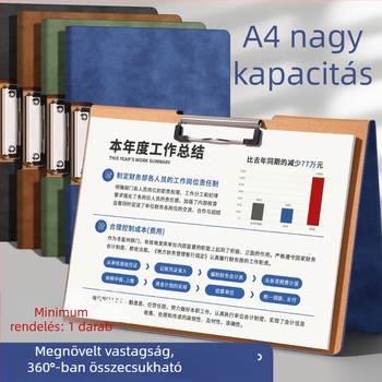 PU anyagból készült A4-es irattartó, kötő rendszerrel és leválasztható lapokkal, hajtogatható dokumentumtartó, PU írófelület, logónyomtatás, vastag kivitel