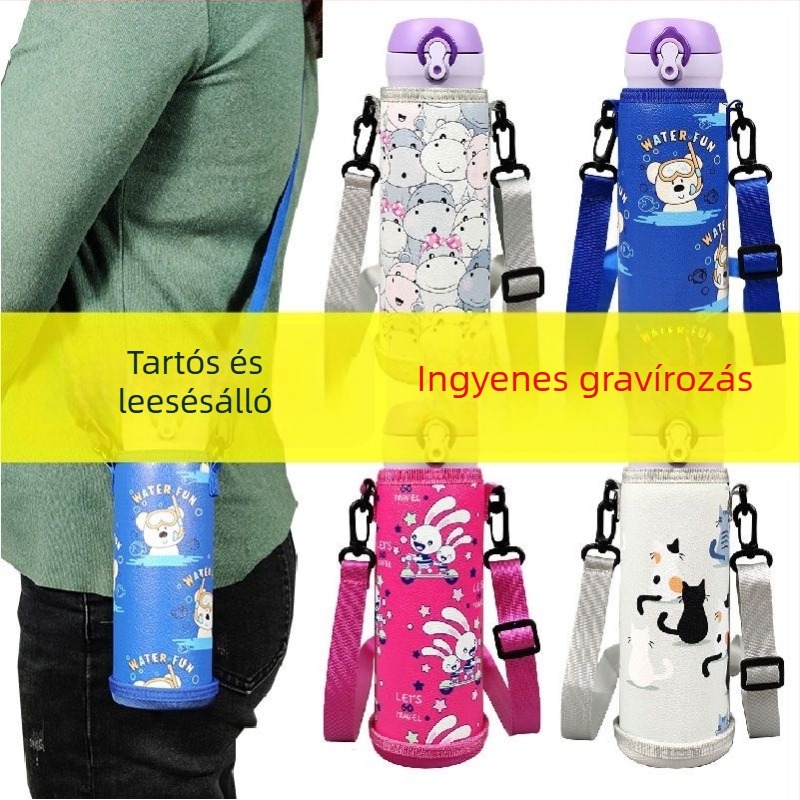 Gyerekeknek szóló termosz pohárvédő hüvely, univerzális védőburkolat, keresztpánttal, 350–500 ml