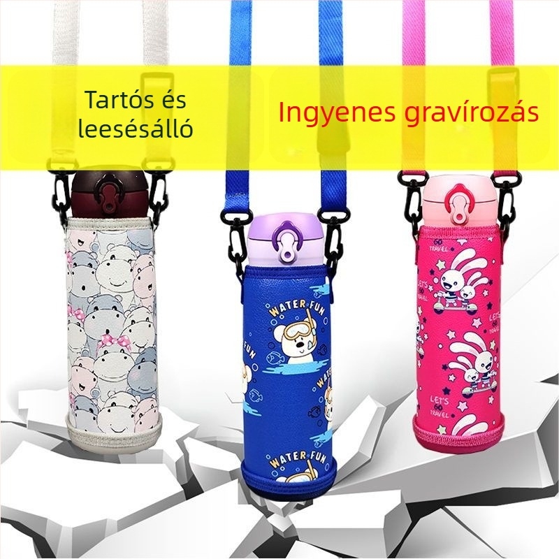 Gyerekeknek szóló termosz pohárvédő hüvely, univerzális védőburkolat, keresztpánttal, 350–500 ml