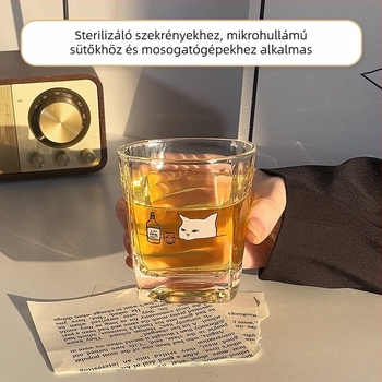 Koreai stílusú üveg pohár cicával, átlátszó, hőálló