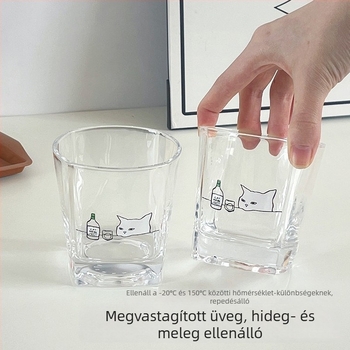 Koreai stílusú üveg pohár cicával, átlátszó, hőálló