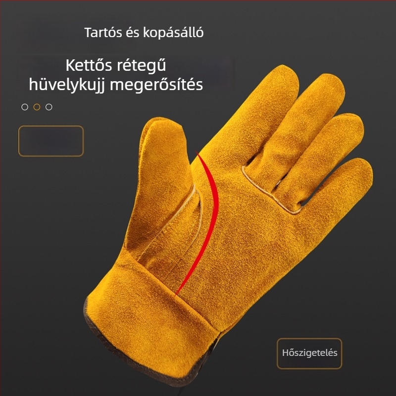 Teljes bőrből készült hegesztő kesztyűk — puha, kopásálló, égésálló, magas hőmérsékletnek ellenálló, hőszigetelt