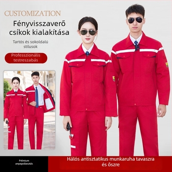 Hálózatos antistatikus munkaruha tavasz–ősz szettel, fényvisszaverő csíkokkal, benzinkutak, villanyszerelők és autójavítás számára; hosszú ujjú igény szerint szabható