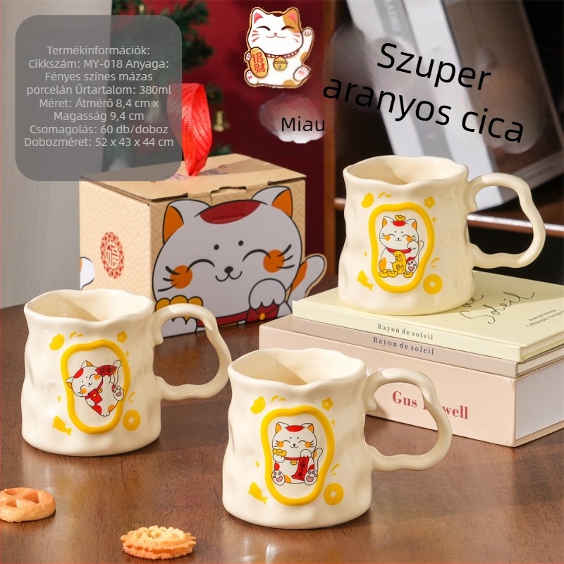Kézzel festett kerámia bögre Maneki-Neko macskával, kínai stílusú, uniszex ajándék
